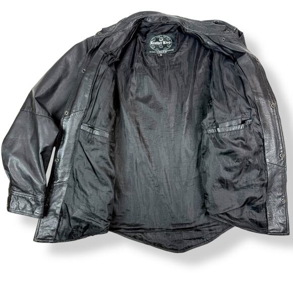 Vintage LEATHER KING Men's black genuine leather button down jacket shirt SMALL - Picture 6 of 15